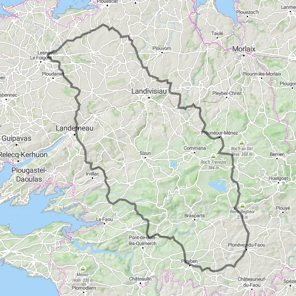 Miniature de la carte de l'inspiration cycliste "Challenge des Montagnes Noires" dans la Bretagne, France. Générée par le planificateur d'itinéraire cycliste Tarmacs.app