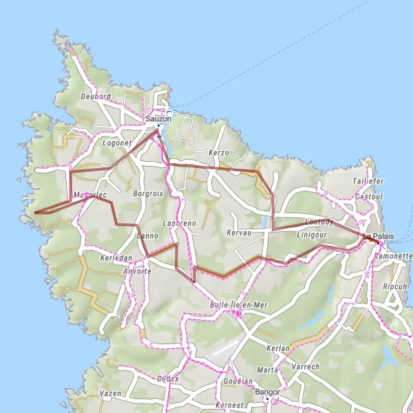 Miniature de la carte de l'inspiration cycliste "Le Palais - Sauzon Gravel Adventure" dans la Bretagne, France. Générée par le planificateur d'itinéraire cycliste Tarmacs.app