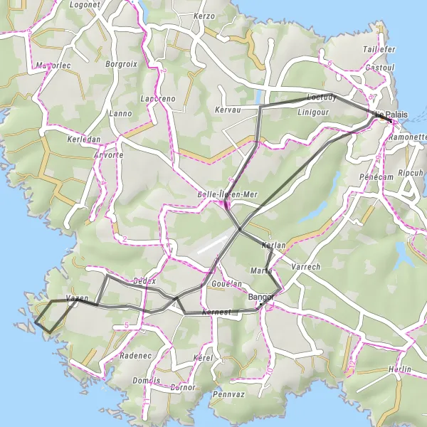Miniature de la carte de l'inspiration cycliste "Le Palais - Bangor Scenic Tour" dans la Bretagne, France. Générée par le planificateur d'itinéraire cycliste Tarmacs.app