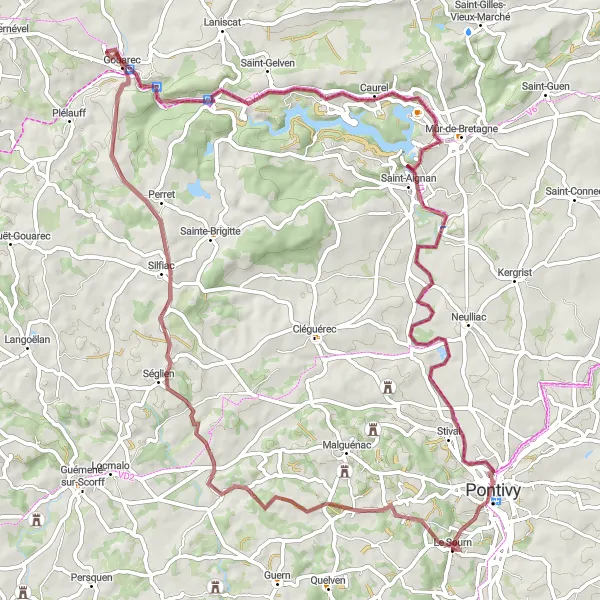Miniature de la carte de l'inspiration cycliste "Circuit de Gravel de Le Sourn à Linguénec" dans la Bretagne, France. Générée par le planificateur d'itinéraire cycliste Tarmacs.app