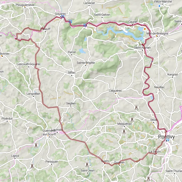 Miniature de la carte de l'inspiration cycliste "Tour des collines bretonnes" dans la Bretagne, France. Générée par le planificateur d'itinéraire cycliste Tarmacs.app