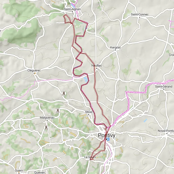 Miniature de la carte de l'inspiration cycliste "Boucle autour de Pontivy" dans la Bretagne, France. Générée par le planificateur d'itinéraire cycliste Tarmacs.app