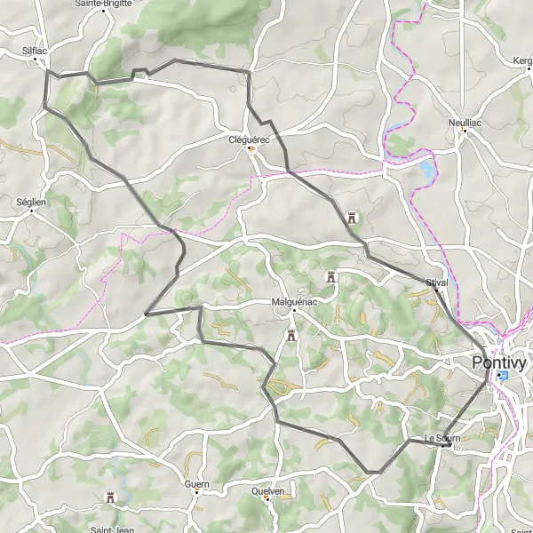Miniature de la carte de l'inspiration cycliste "Escapade vers Pontivy" dans la Bretagne, France. Générée par le planificateur d'itinéraire cycliste Tarmacs.app