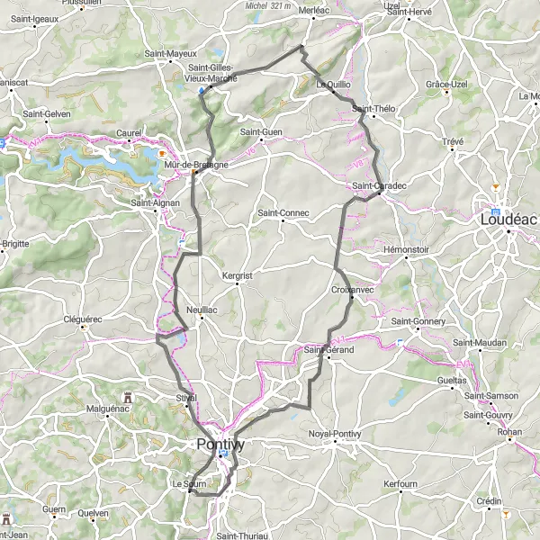 Miniature de la carte de l'inspiration cycliste "Itinéraire Cycliste de Mûr-de-Bretagne à Château des Rohan" dans la Bretagne, France. Générée par le planificateur d'itinéraire cycliste Tarmacs.app