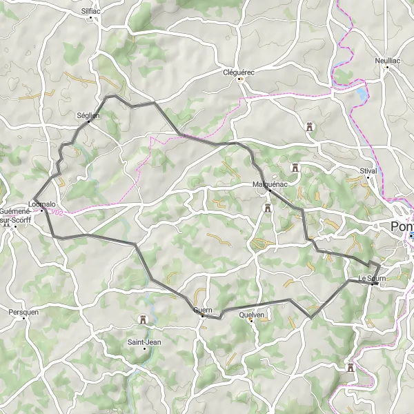 Miniature de la carte de l'inspiration cycliste "Parcours Routier de Guern à Le Rongoët" dans la Bretagne, France. Générée par le planificateur d'itinéraire cycliste Tarmacs.app