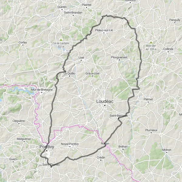 Miniature de la carte de l'inspiration cycliste "Chemins bretons variés" dans la Bretagne, France. Générée par le planificateur d'itinéraire cycliste Tarmacs.app