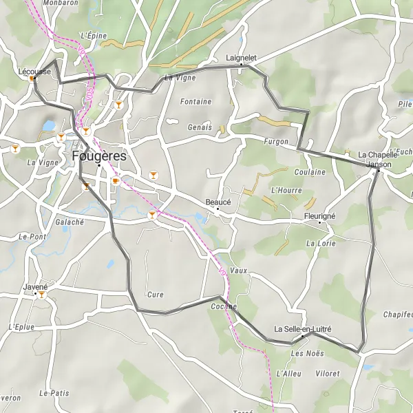 Miniature de la carte de l'inspiration cycliste "Escapade champêtre à vélo" dans la Bretagne, France. Générée par le planificateur d'itinéraire cycliste Tarmacs.app