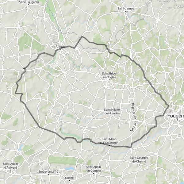 Miniature de la carte de l'inspiration cycliste "Tour des Monts Bretons" dans la Bretagne, France. Générée par le planificateur d'itinéraire cycliste Tarmacs.app