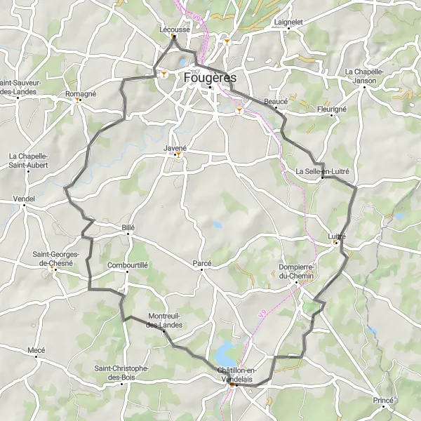 Miniature de la carte de l'inspiration cycliste "Boucle du lac enchanté" dans la Bretagne, France. Générée par le planificateur d'itinéraire cycliste Tarmacs.app