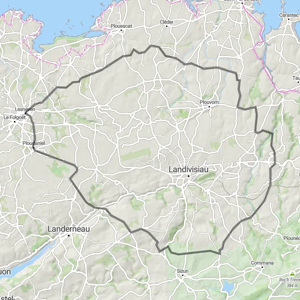 Miniature de la carte de l'inspiration cycliste "Boucle des Monts d'Arrée" dans la Bretagne, France. Générée par le planificateur d'itinéraire cycliste Tarmacs.app