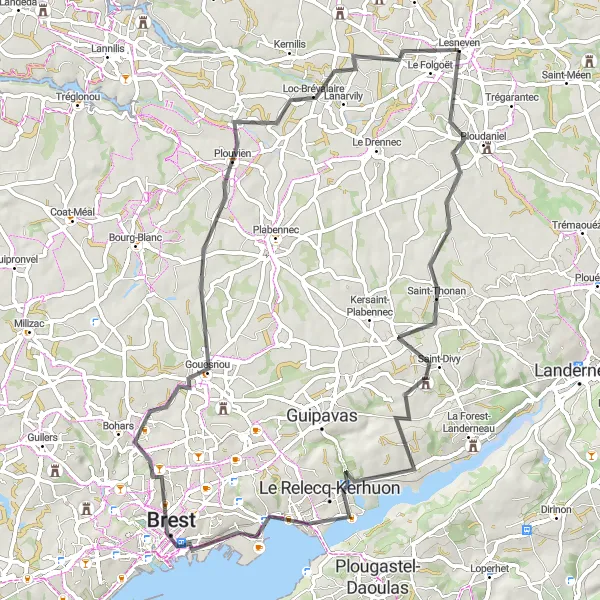 Miniature de la carte de l'inspiration cycliste "Parcours vers Brest" dans la Bretagne, France. Générée par le planificateur d'itinéraire cycliste Tarmacs.app
