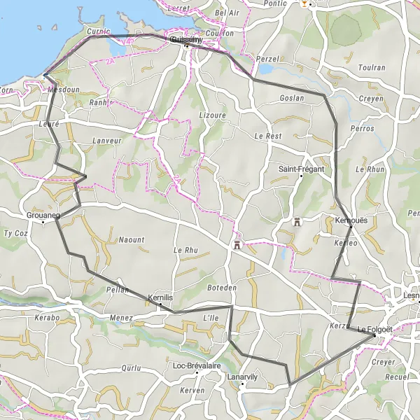 Miniature de la carte de l'inspiration cycliste "Voyage le long de la Côte des Légendes" dans la Bretagne, France. Générée par le planificateur d'itinéraire cycliste Tarmacs.app