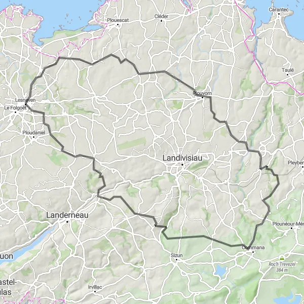 Miniature de la carte de l'inspiration cycliste "A la découverte de Commana" dans la Bretagne, France. Générée par le planificateur d'itinéraire cycliste Tarmacs.app