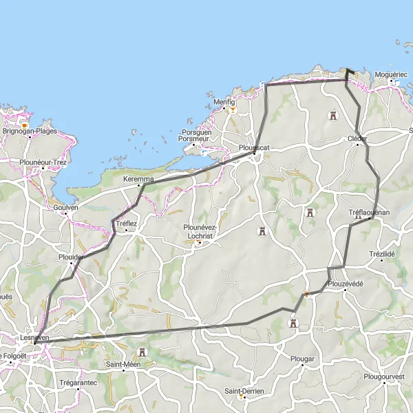 Miniature de la carte de l'inspiration cycliste "Boucle autour de Lesneven" dans la Bretagne, France. Générée par le planificateur d'itinéraire cycliste Tarmacs.app
