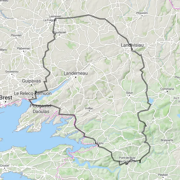 Miniature de la carte de l'inspiration cycliste "Lesneven - Circuit du Haut Léon" dans la Bretagne, France. Générée par le planificateur d'itinéraire cycliste Tarmacs.app
