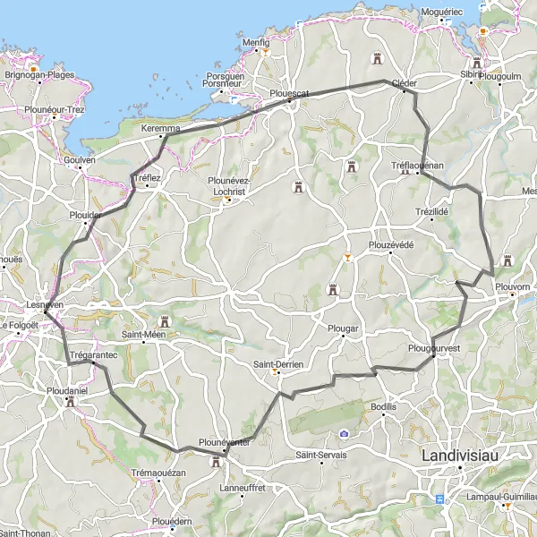 Miniature de la carte de l'inspiration cycliste "Boucle cyclable de Lesneven à Trégarantec" dans la Bretagne, France. Générée par le planificateur d'itinéraire cycliste Tarmacs.app