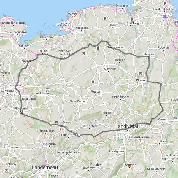 Miniature de la carte de l'inspiration cycliste "Circuit à vélo à la découverte de Ploudaniel" dans la Bretagne, France. Générée par le planificateur d'itinéraire cycliste Tarmacs.app