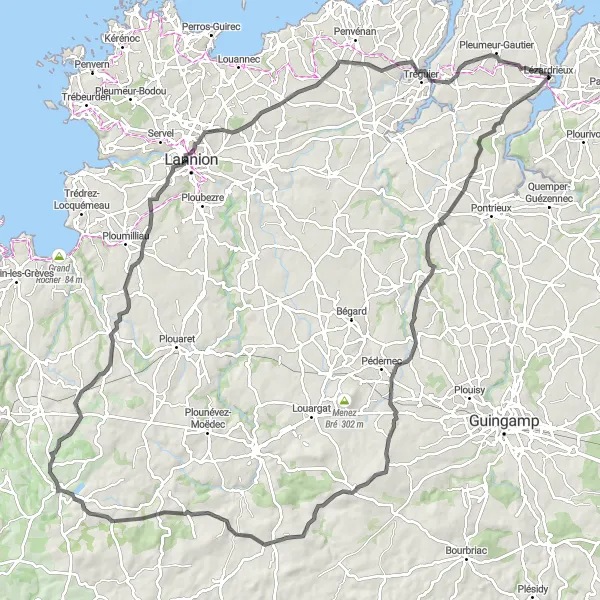 Miniature de la carte de l'inspiration cycliste "Exploration des Monts d'Arrée" dans la Bretagne, France. Générée par le planificateur d'itinéraire cycliste Tarmacs.app