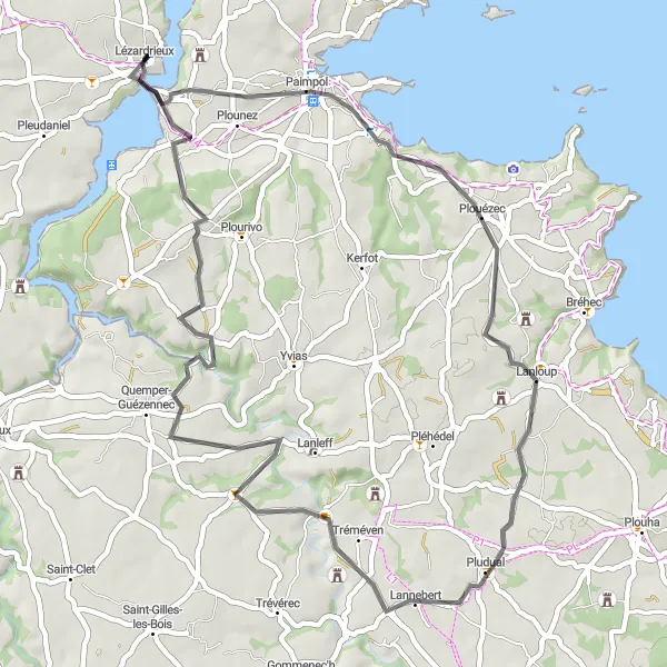 Map miniature of "The Lézardrieux Loop" cycling inspiration in Bretagne, France. Generated by Tarmacs.app cycling route planner