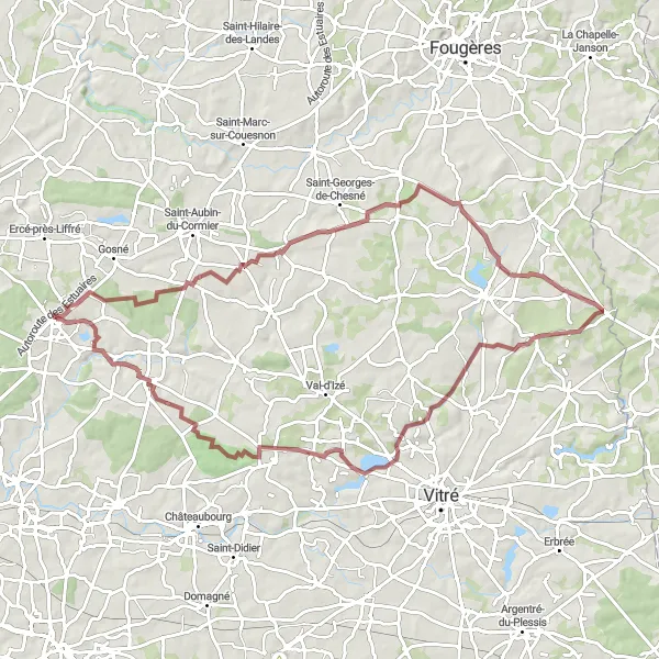 Miniature de la carte de l'inspiration cycliste "Boucle Combourtillé-Liffré" dans la Bretagne, France. Générée par le planificateur d'itinéraire cycliste Tarmacs.app