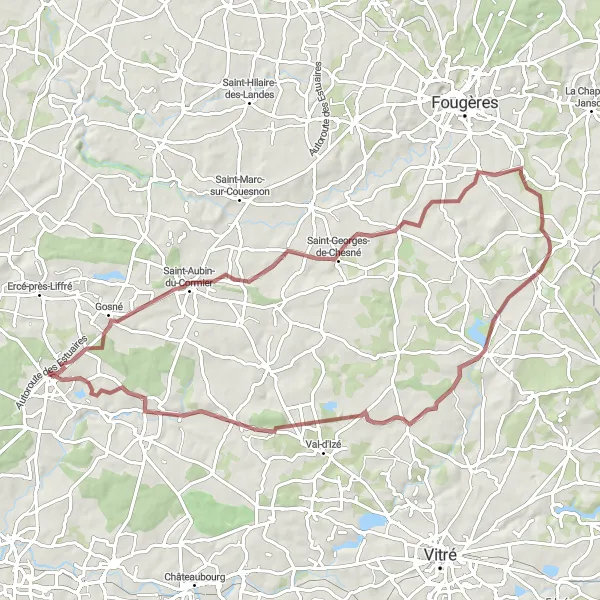 Miniature de la carte de l'inspiration cycliste "Circuit de Gosné-Liffré" dans la Bretagne, France. Générée par le planificateur d'itinéraire cycliste Tarmacs.app