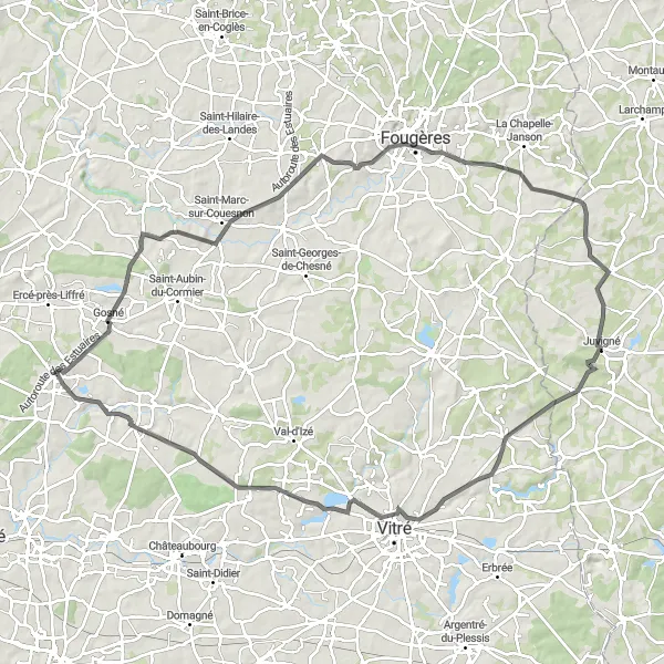 Miniature de la carte de l'inspiration cycliste "Parcours Gosné-Vitré" dans la Bretagne, France. Générée par le planificateur d'itinéraire cycliste Tarmacs.app