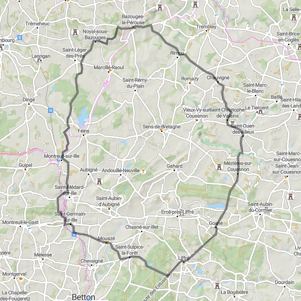 Miniature de la carte de l'inspiration cycliste "Boucle de Liffré à Saint-Germain-sur-Ille" dans la Bretagne, France. Générée par le planificateur d'itinéraire cycliste Tarmacs.app