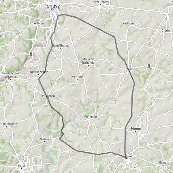 Map miniature of "The Locminé to Lestitut Adventure" cycling inspiration in Bretagne, France. Generated by Tarmacs.app cycling route planner