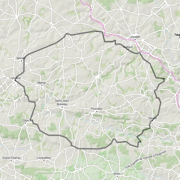 Map miniature of "Mysterious Moréac" cycling inspiration in Bretagne, France. Generated by Tarmacs.app cycling route planner