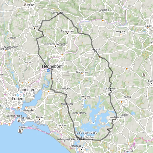 Miniature de la carte de l'inspiration cycliste "Itinéraire à vélo pittoresque de 76 km dans les environs de Locoal-Mendon" dans la Bretagne, France. Générée par le planificateur d'itinéraire cycliste Tarmacs.app