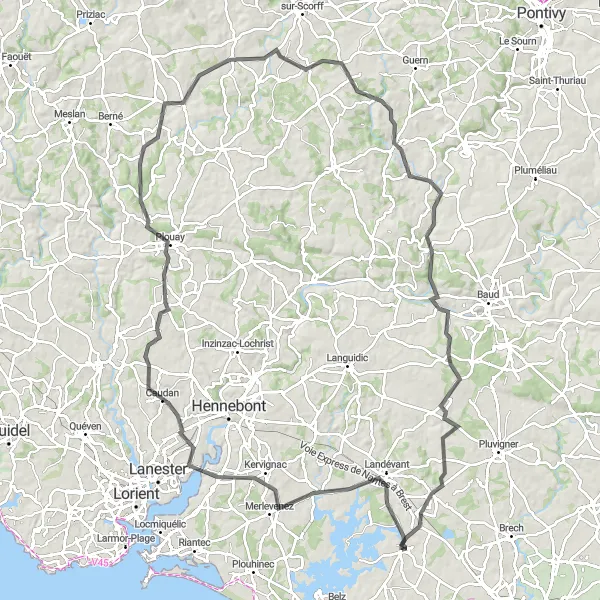 Miniature de la carte de l'inspiration cycliste "Parcours panoramique autour de Locoal-Mendon" dans la Bretagne, France. Générée par le planificateur d'itinéraire cycliste Tarmacs.app