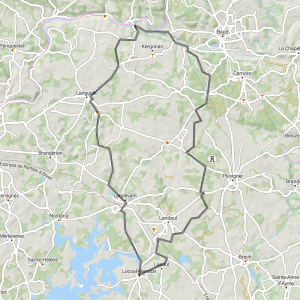 Miniature de la carte de l'inspiration cycliste "Boucle à vélo de route autour de Locoal-Mendon" dans la Bretagne, France. Générée par le planificateur d'itinéraire cycliste Tarmacs.app