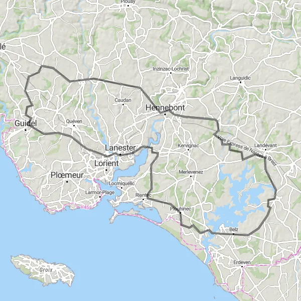 Miniature de la carte de l'inspiration cycliste "Boucle cycliste panoramique de 93 km près de Locoal-Mendon" dans la Bretagne, France. Générée par le planificateur d'itinéraire cycliste Tarmacs.app