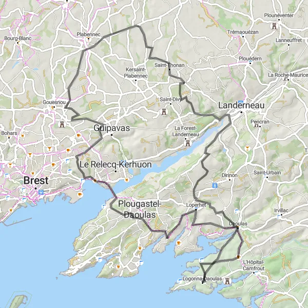 Miniature de la carte de l'inspiration cycliste "Tour de la Rade de Brest" dans la Bretagne, France. Générée par le planificateur d'itinéraire cycliste Tarmacs.app