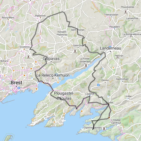 Map miniature of "Logonna-Daoulas to Logonna-Daoulas via Moulin de Penfoul" cycling inspiration in Bretagne, France. Generated by Tarmacs.app cycling route planner