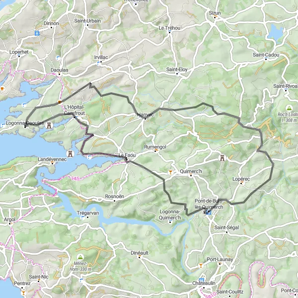 Miniature de la carte de l'inspiration cycliste "Les Vallées de l'Ouest Breton" dans la Bretagne, France. Générée par le planificateur d'itinéraire cycliste Tarmacs.app