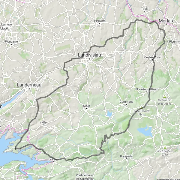 Miniature de la carte de l'inspiration cycliste "Circuit des Monts d'Arrée" dans la Bretagne, France. Générée par le planificateur d'itinéraire cycliste Tarmacs.app