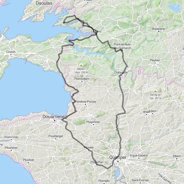 Map miniature of "Logonna-Daoulas to Logonna-Daoulas via Le Faou" cycling inspiration in Bretagne, France. Generated by Tarmacs.app cycling route planner