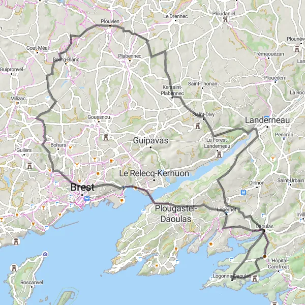 Map miniature of "Logonna-Daoulas to Logonna-Daoulas via Loperhet" cycling inspiration in Bretagne, France. Generated by Tarmacs.app cycling route planner
