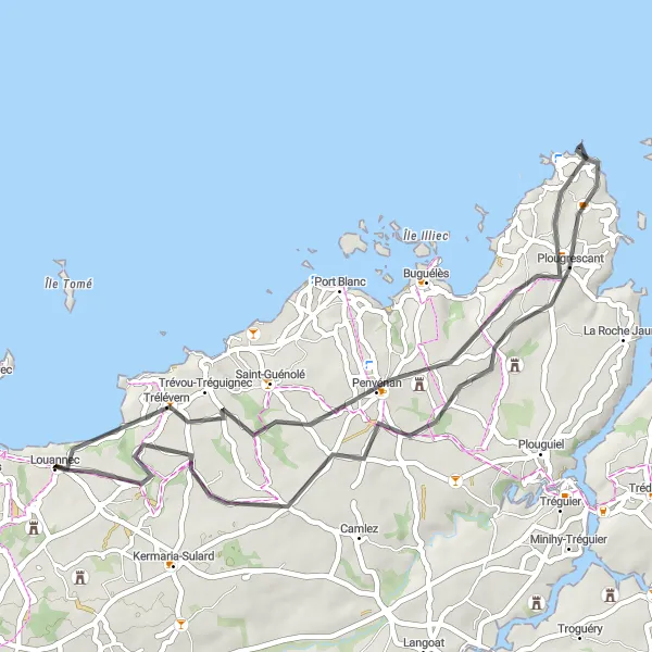 Map miniature of "Louannec to Plougrescant Loop" cycling inspiration in Bretagne, France. Generated by Tarmacs.app cycling route planner