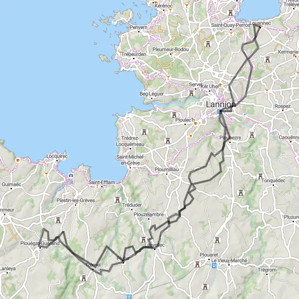 Miniature de la carte de l'inspiration cycliste "Itinéraire au cœur du Trégor" dans la Bretagne, France. Générée par le planificateur d'itinéraire cycliste Tarmacs.app