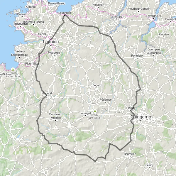 Map miniature of "Louannec to Plouaret Loop" cycling inspiration in Bretagne, France. Generated by Tarmacs.app cycling route planner