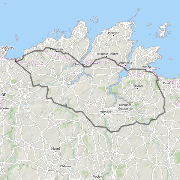 Map miniature of "Louannec to Trévou-Tréguignec Loop" cycling inspiration in Bretagne, France. Generated by Tarmacs.app cycling route planner