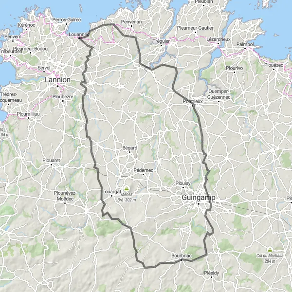 Miniature de la carte de l'inspiration cycliste "Circuit de Louannec - Langoat - Pontrieux - Rocher du Corbeau - Ploumagoar - Bourbriac - Gurunhuel - Tonquédec" dans la Bretagne, France. Générée par le planificateur d'itinéraire cycliste Tarmacs.app