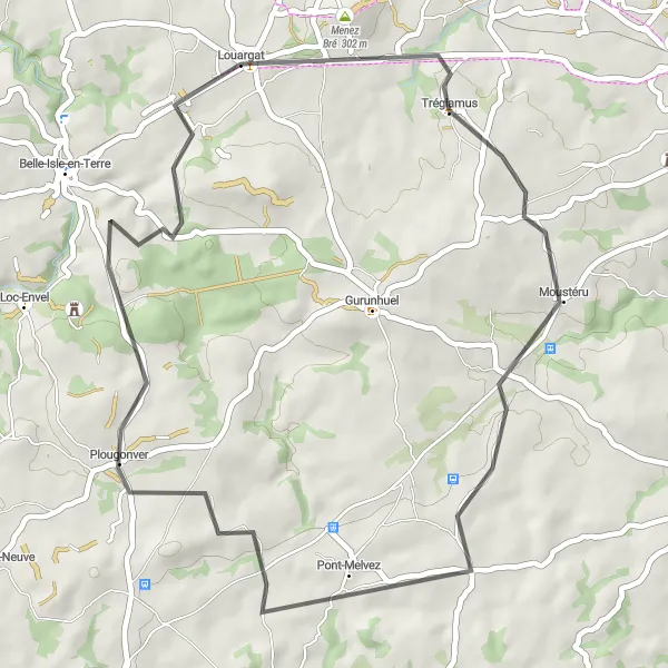 Miniature de la carte de l'inspiration cycliste "Exploration de la campagne bretonne depuis Louargat" dans la Bretagne, France. Générée par le planificateur d'itinéraire cycliste Tarmacs.app