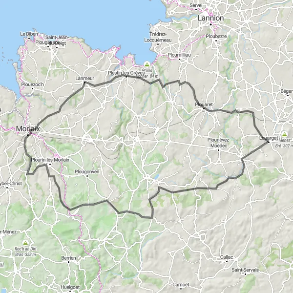 Miniature de la carte de l'inspiration cycliste "Tour époustouflant de Loc-Envel à Le Vieux-Marché" dans la Bretagne, France. Générée par le planificateur d'itinéraire cycliste Tarmacs.app