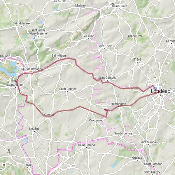 Miniature de la carte de l'inspiration cycliste "Boucle du Lac de Guerlédan" dans la Bretagne, France. Générée par le planificateur d'itinéraire cycliste Tarmacs.app