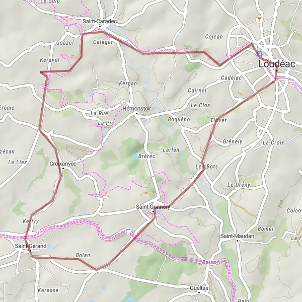 Map miniature of "Gravel Adventure Near Loudéac" cycling inspiration in Bretagne, France. Generated by Tarmacs.app cycling route planner