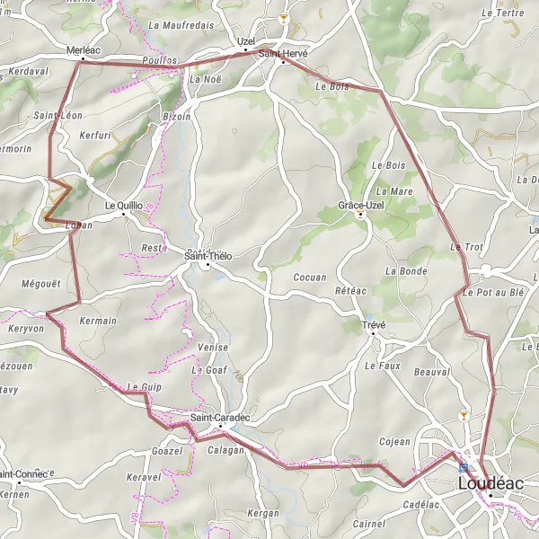 Map miniature of "Gravel Route - Around Loudéac" cycling inspiration in Bretagne, France. Generated by Tarmacs.app cycling route planner