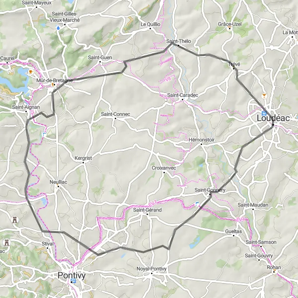 Map miniature of "Road Route - Mûr-de-Bretagne Adventure" cycling inspiration in Bretagne, France. Generated by Tarmacs.app cycling route planner